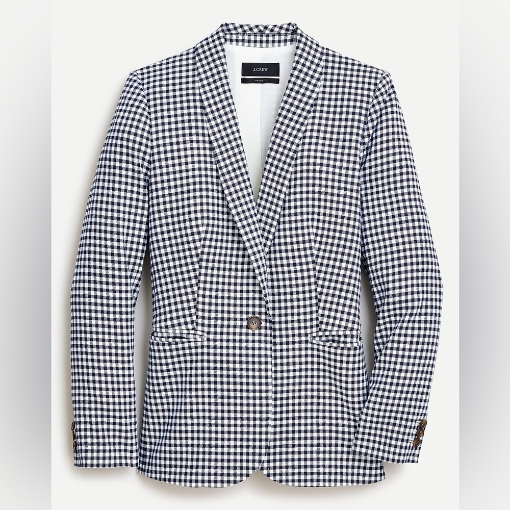 J. Crew Parke blazer in gingham stretch linen navy white